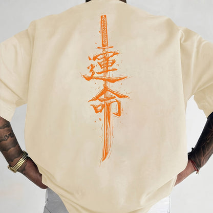 Men'S Japanese Samurai Sword Graphic T-Shirt - Casual Loose Fit Crew Neck, Short Sleeve Tee with Red Stylized Japanese Katanas Design, Breathable Polyester for Spring  Summer Outdoor Wear