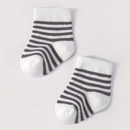 10 Pairs Of Baby Boy's Striped Knitted Socks, Breathable Sweat-absorbing Comfy Soft Casual Simple Style Socks All Seasons Wearing For Kid's Outdoor Wearing