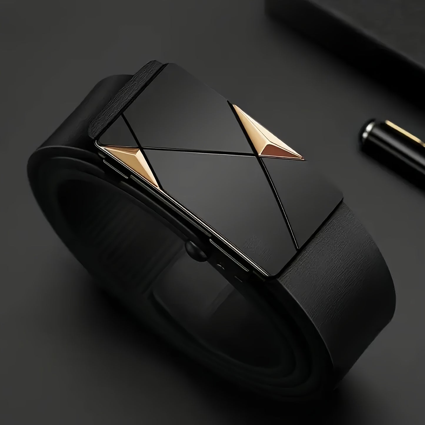Men's Luxury Automatic Buckle Faux Leather Belt - Sleek Black with Golden Geometric Buckle, Business Casual Style, Adjustable Fit for Comfort, Business Casual Accessory | Sophisticated Belt Design | Sleek Black Finish