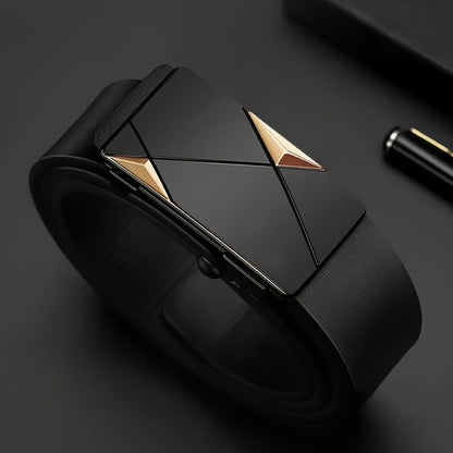 Men's Luxury Automatic Buckle Faux Leather Belt - Sleek Black with Golden Geometric Buckle, Business Casual Style, Adjustable Fit for Comfort, Business Casual Accessory | Sophisticated Belt Design | Sleek Black Finish