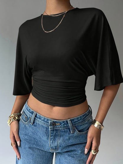Women's Elegant Solid Round Neck Batwing Sleeve T-Shirt