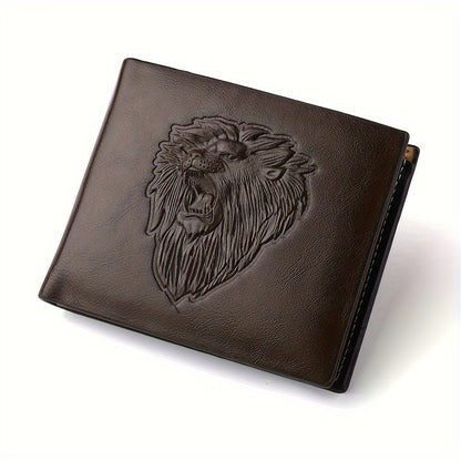 1pc Men's Lion 3D Embossed Pattern Wallet, Business PU Leather Wallet