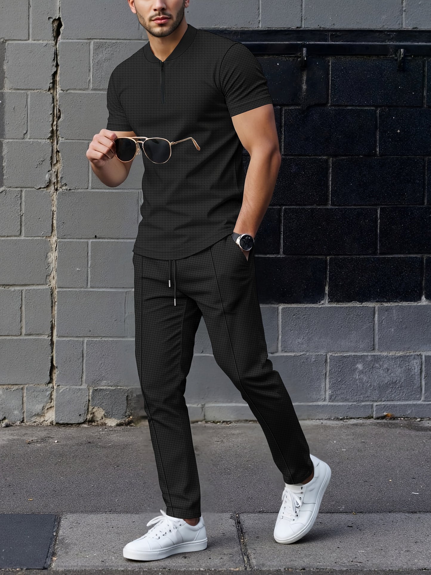 Men's Waffle Knit Zipper Shirt, Rib Collar Short Sleeve T-Shirt, Casual Breathable Summer Top - ayq