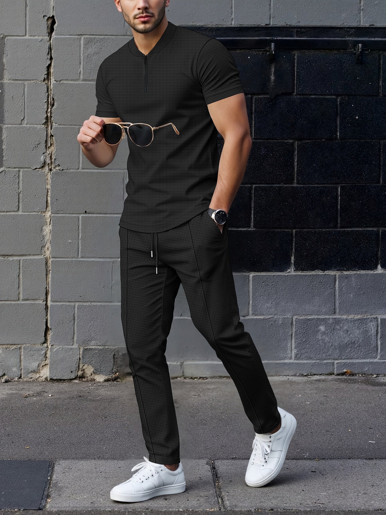 Men's Waffle Knit Zipper Shirt, Rib Collar Short Sleeve T-Shirt, Casual Breathable Summer Top - ayq