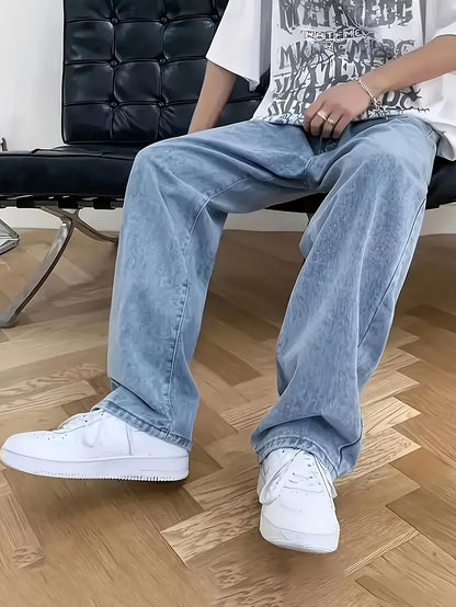 Men'S Casual Loose Fit Denim Jeans, 65% Cotton 35% Polyester, All-Season Solid Color Washed Fabric, Non-Stretch Woven Regular Length Pants