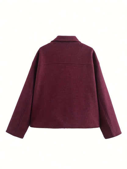 Կանացի էլեգանտ միագույն կայծակաճարմանդ բաճկոն՝ մեծ գրպաններով - Բազմակողմանի՝ առօրյաից մինչև աշխատանքային ոճ, երկար թևքերով, շագանակագույն, իդեալական է աշուն/ձմեռ, առօրյա վերնազգեստի համար | Շքեղ կայծակաճարմանդ բաճկոն | Կանացի ոճային բաճկոն