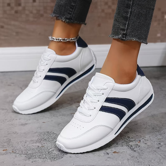 Women's Lightweight Fashion Sneakers - Comfortable, Non-Slip, Lace-Up Casual Sneakers with Cushioned Insole, White & Blue Striped Design, Low-Top EVA Sole for All-Day Wear, Casual Sneakers | Lowtop Sneakers | Laceup Closure