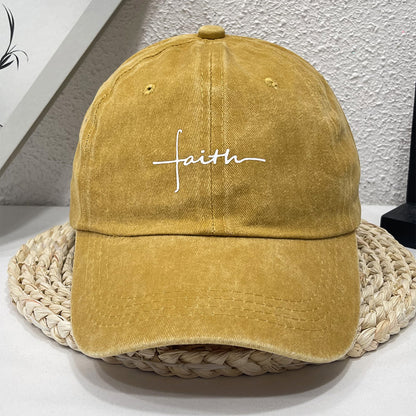 Vintage Street Style Water Wash Denim Polyester Baseball Cap, Faith Print, for Men, Women