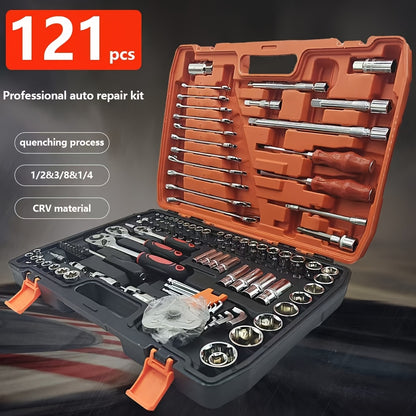Black 46 and 121pcs of household car repair kit with plastic storage box, motorcycle repair kit, outdoor bicycle emergency bicycle repair tool, including hex wrench, universal joint, screwdriver, extension piece, slider