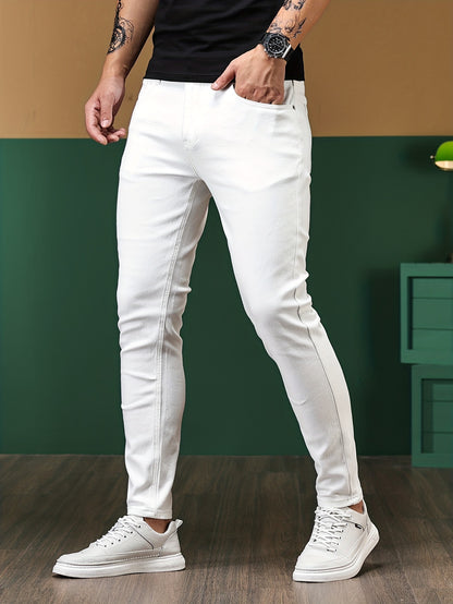Slim Fit Chic Jeans, Men's Casual Street Style All Match Stretch Denim Pants With Pockets