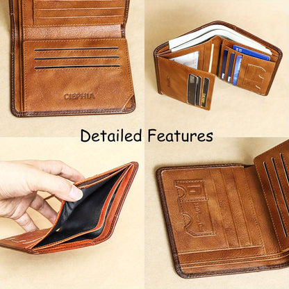1 հատ CIEPHIA Vintage բնական կաշվից RFID արգելափակող դրամապանակ տղամարդկանց համար՝ բարակ, բազմաֆունկցիոնալ նույնականացման և կրեդիտ քարտի կրիչ, դաջված տարբերանշանով շագանակագույն, Իդեալական նվեր Սուրբ Վալենտինի օրվա համար