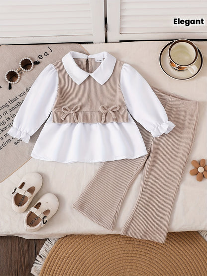 Girl's Preppy Set: White Shirt, Khaki Knit Vest & Trousers