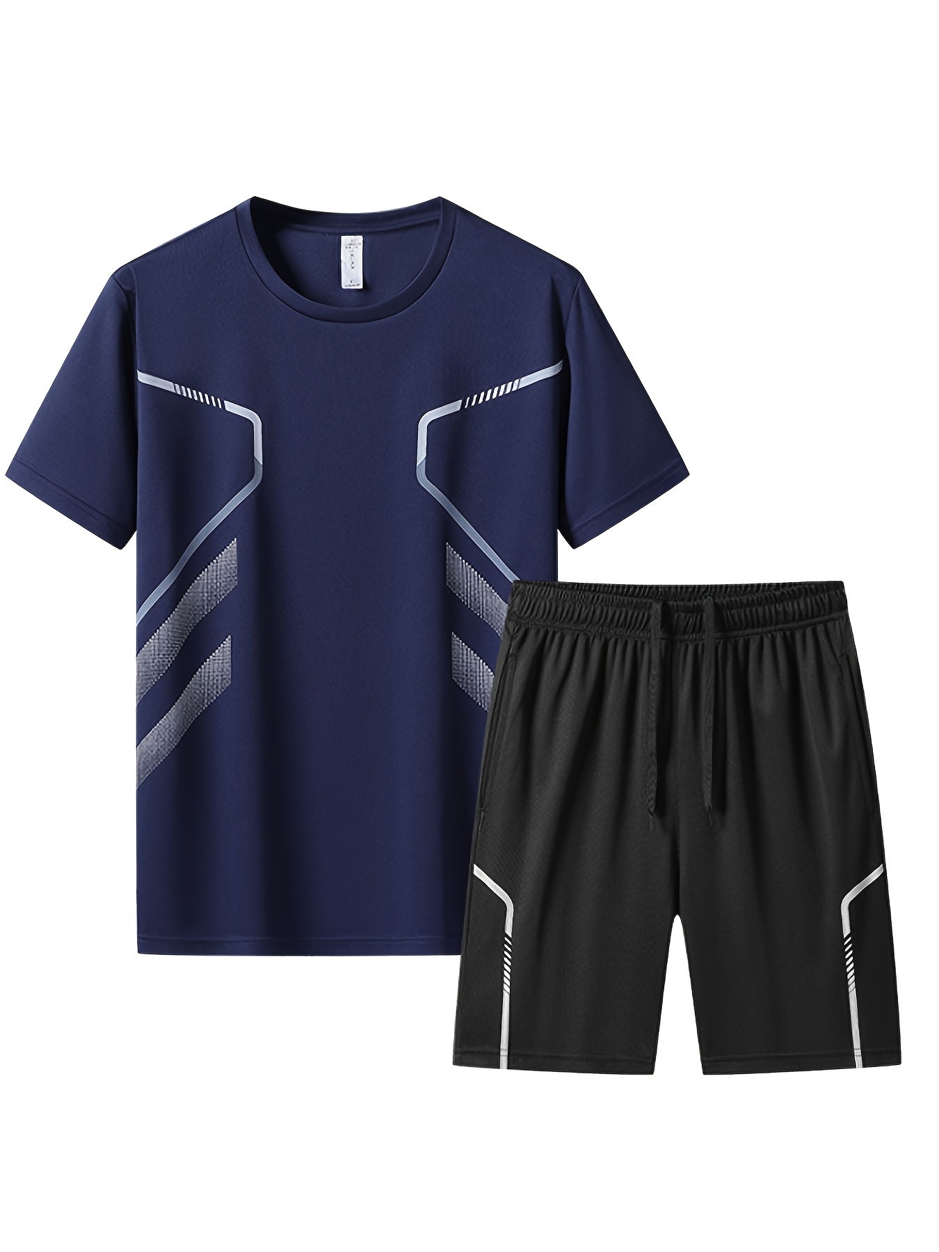 2pcs Men's Summer Sportswear Set - Comfortable Polyester Crew Neck T-Shirt & Black Drawstring Shorts with Side Stripe, Casual Style, Easy Care, Athletic Shorts