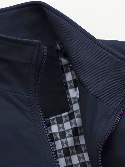 Men's Academic Jacket - Burgundy (Deep Red), Zip-Up Front Closure, Structured Non-Stretch Fabric, Zippered Pockets - Formal & Casual Outerwear for Office, Events, Everyday - Easy-Care Coat, Dressy Jacket, Houndstooth Pattern