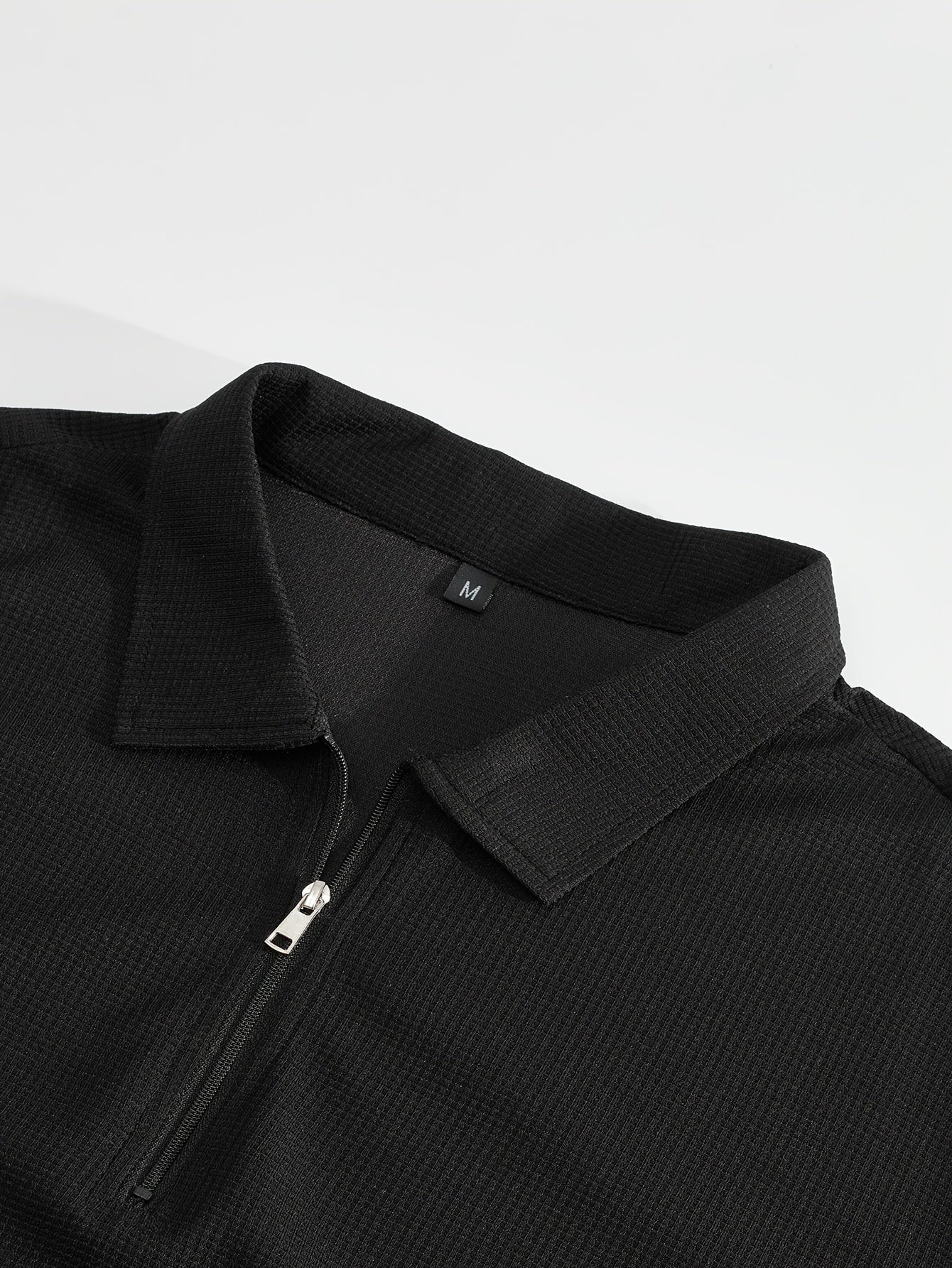 Men's 2pcs Waffle Knit Casual Outfit: Zip-Up Short Sleeve Collared Shirt & Drawstring Pants - Black, Polyester Blend, Ideal for Casual Attire in Spring/Summer