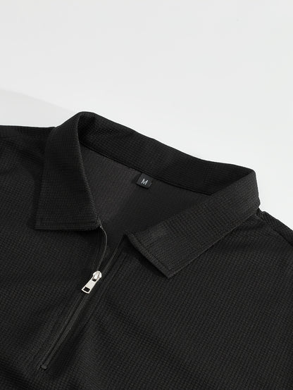 Men's 2pcs Waffle Knit Casual Outfit: Zip-Up Short Sleeve Collared Shirt & Drawstring Pants - Black, Polyester Blend, Ideal for Casual Attire in Spring/Summer