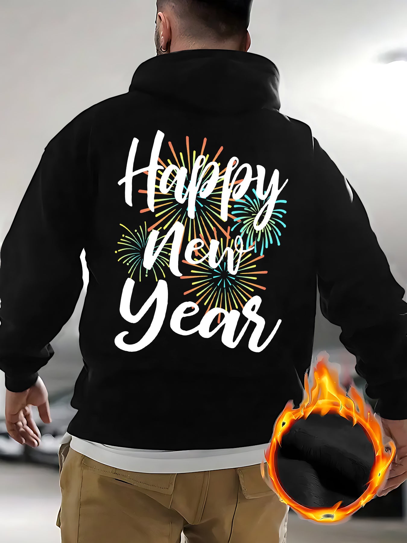 Men's New Year's Eve Fireworks Print Hooded Sweatshirt - Happy New Year Back Design with Adjustable Drawstring Hood, Loose Fit Streetwear Pullover, Warm Winter Casual Sweater for Parties & Casual Attire (Machine Washable), Re