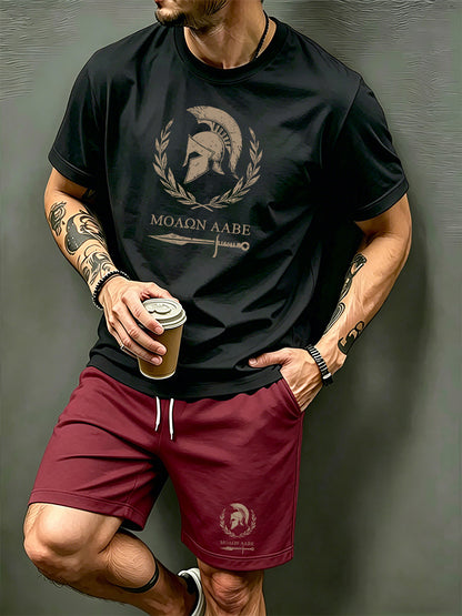 Men's Summer Short Sleeve T-Shirt and Shorts Set with Spartan Helmet P