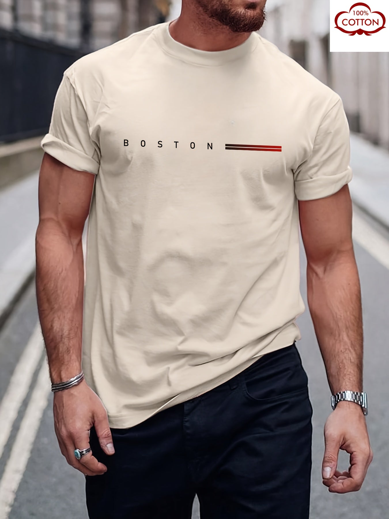 Men's Heavyweight 180gsm Cotton T-Shirt - Dark Gray Crew Neck Tee with Bold "Boston" Print, All-Season Everyday  Formal Shirt for Men - Machine Washable Luxury Casual Top, Versatile Clothing, Modern Design, Premium Fabric, S
