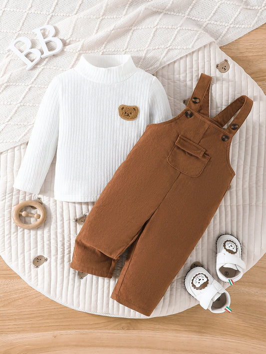 2pcs, Newborn Boy's Long Sleeves High Neck Bear Applique Top & Pocket Overalls Set For Leisure & Outdoor Activities, Meticulously Crafted For Fall And Winter, Outdoor Cloth