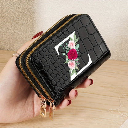 Minimalist Women'S Short Wallet Featuring a Double Zipper Design, with a Crocodile A-Z Letter Pattern. This Stylish Handbag Also Serves As a Fashionable Coin Wallet, Perfect for Travel, Back-To-School, Or Parties.