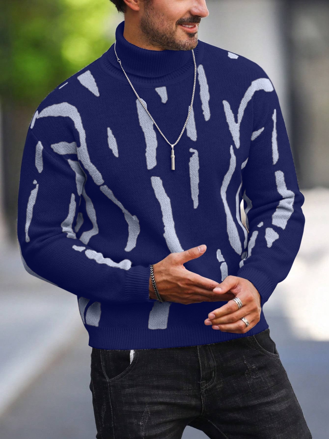 Men's Zebra Stripe Knit Sweater - High Neck Winter Pullover with Zebra Stripes, Warm Casual Sweaters for Weather, Hand Washable Fall/Winter Wardrobe Essential (Regular Fit)