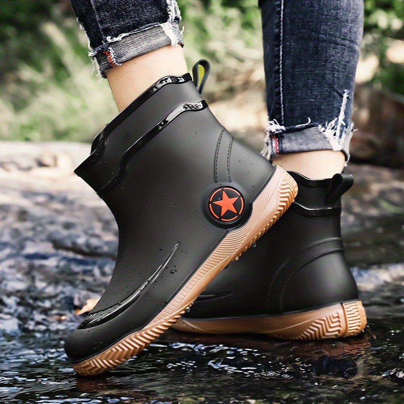 Men's Slip-On Rubber Rain Boots with Thick Sole - Mid-Calf
