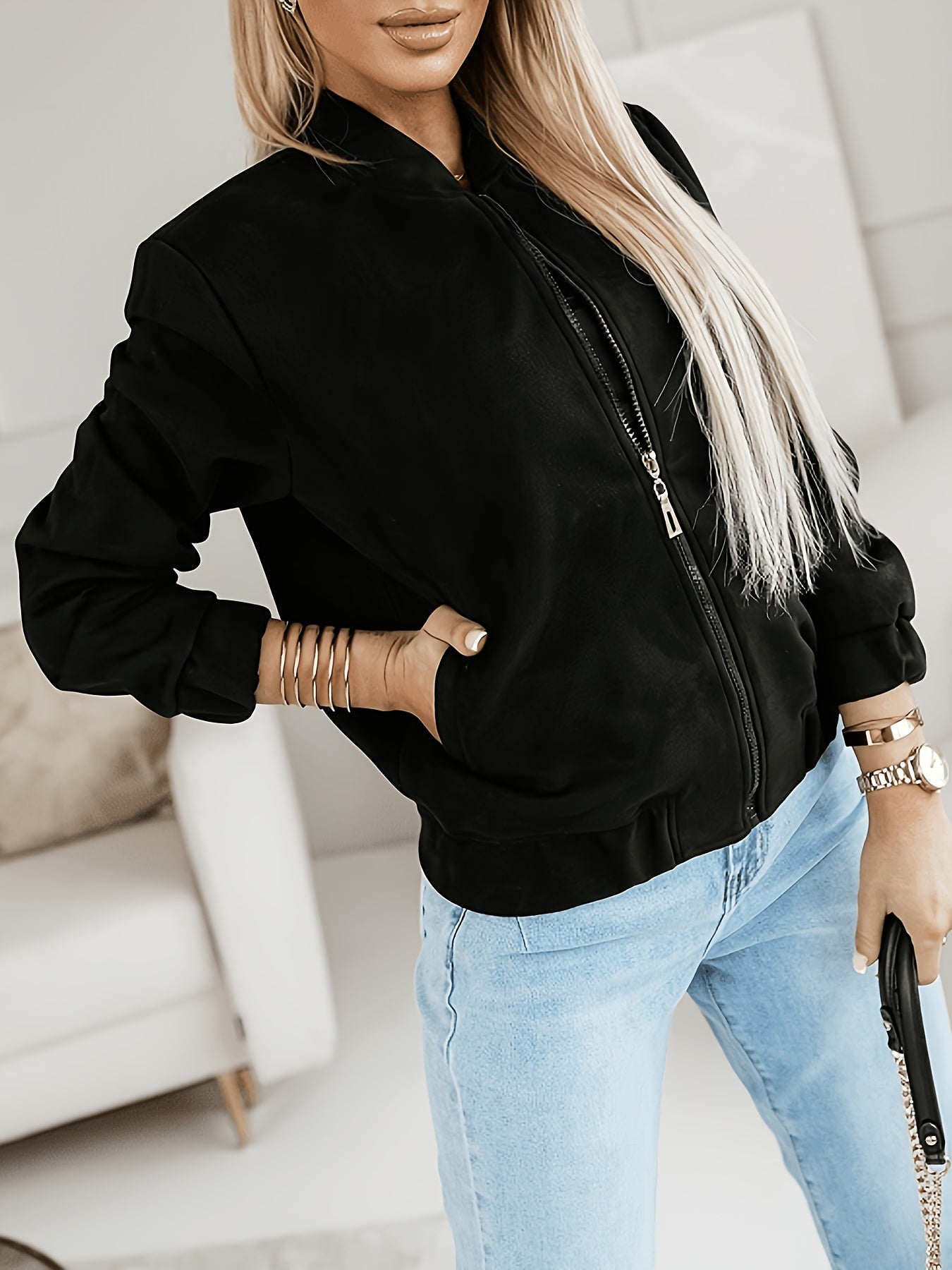 Women’s Casual Spring-Fall Black Baseball Collar Zipper Jacket