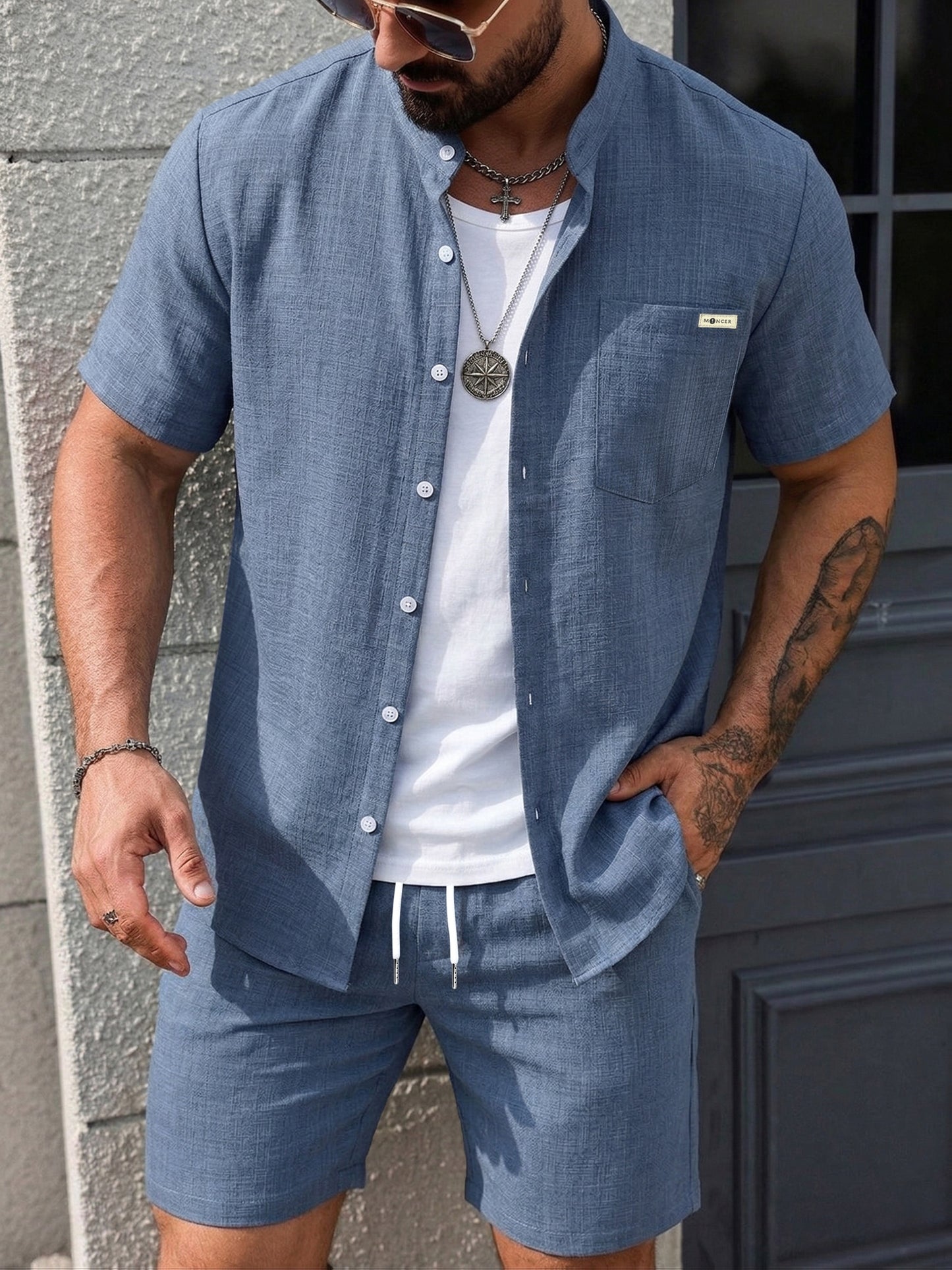 Men's Summer Casual 2-Piece Set Short Sleeve Shirt & Shorts