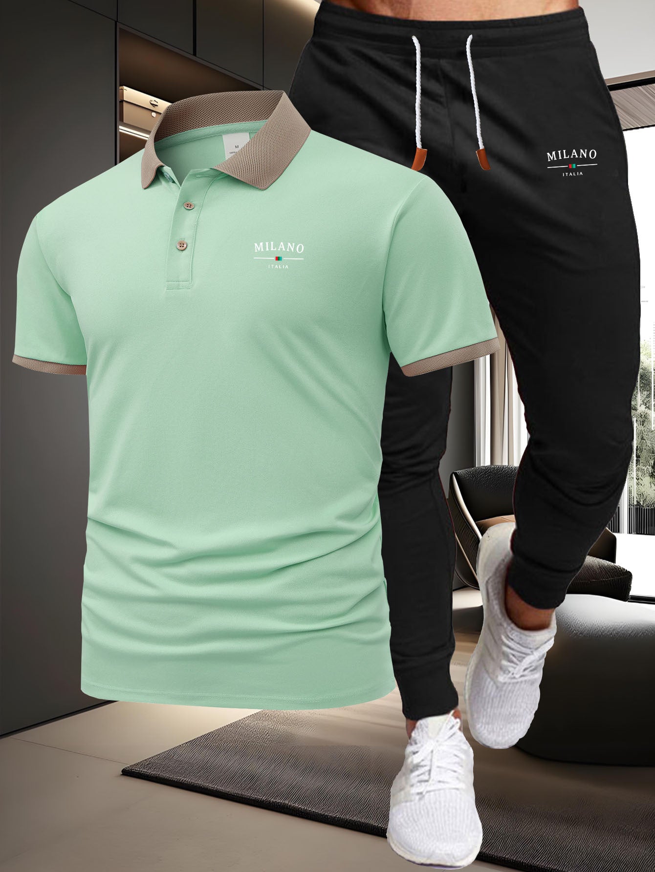A Two-Piece Casual Sports Outfit Featuring a Short-Sleeved T-Shirt with a Logo And Waist-Cinching Pants, Ideal for Spring And Summer Wear. - ayq