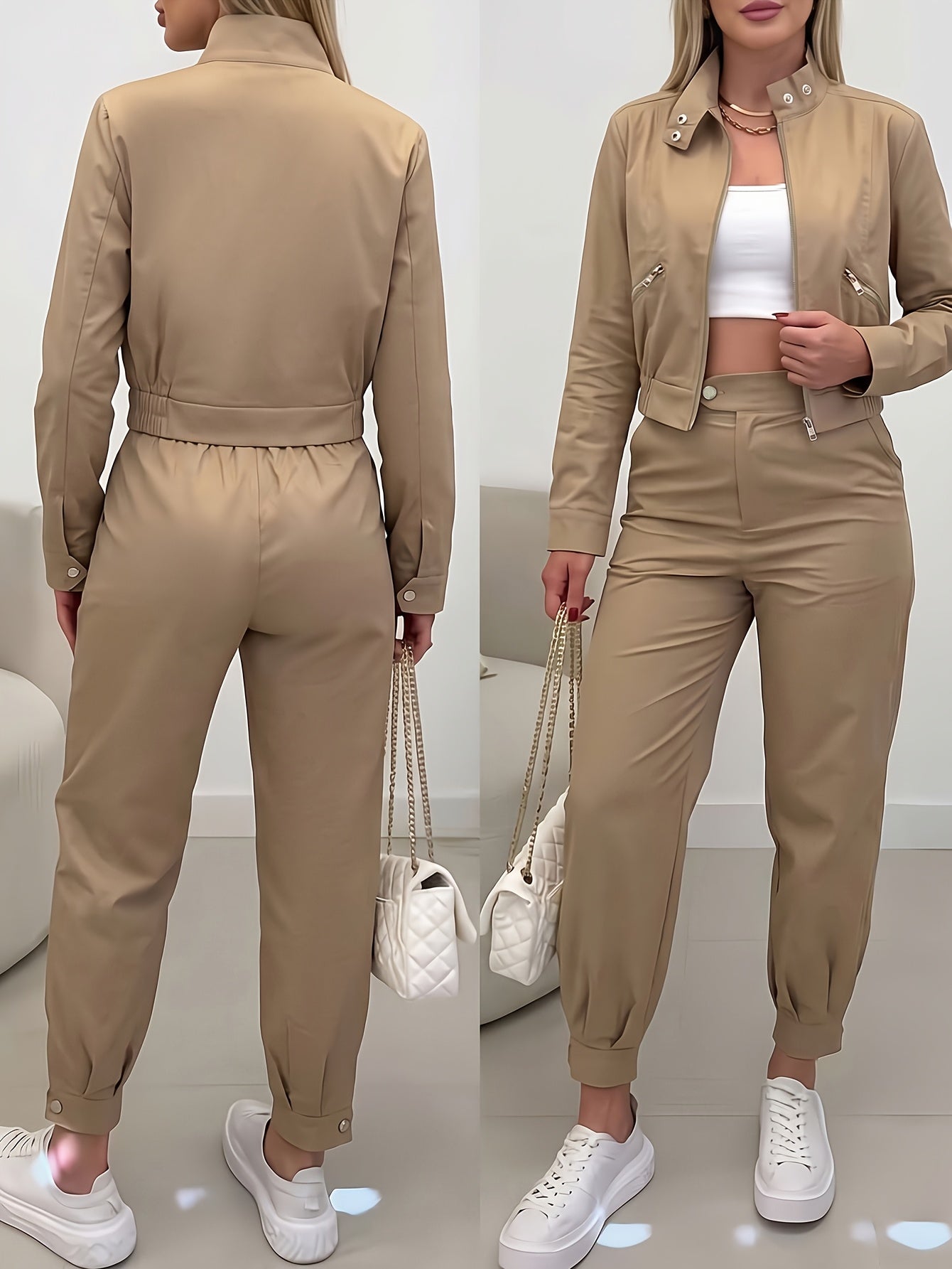 Casual Loose-Fit Ankle Pants & Cropped Jacket Set for Spring/Fall