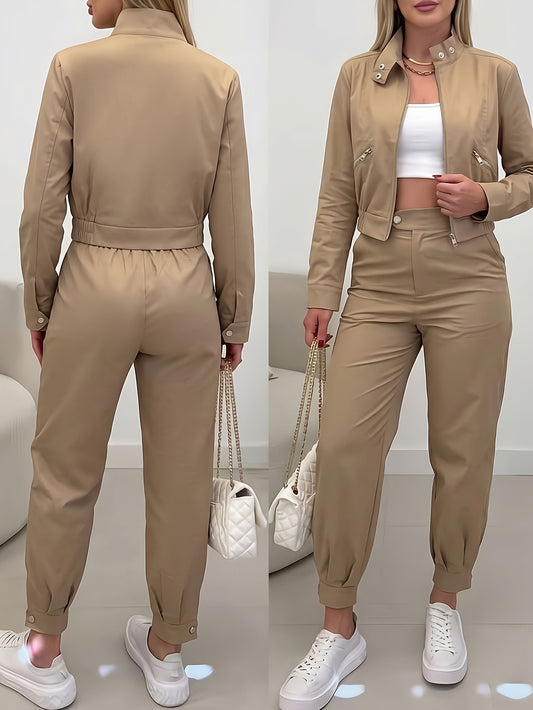 Casual Loose-Fit Ankle Pants & Cropped Jacket Set for Spring/Fall