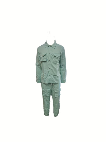 Men'S Casual Polyester Suit Set, Solid Color, Non-Stretch, Regular Fit, with Lapel Collar, Pocket Details, for Hiking, Daily Wear, and Special Occasions, Spring/Fall, Fall/Winter