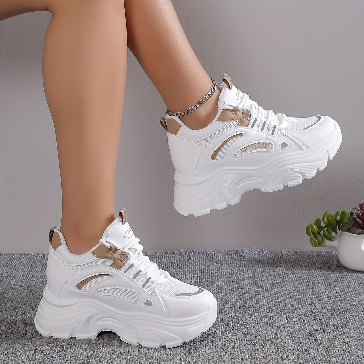 Women's Solid Color Mesh Sneakers, Lace Up Low-top Round Toe Heightening Thick Sole Trainers, Versatile Comfy Shoes