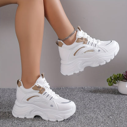Women's Solid Color Mesh Sneakers, Lace Up Low-top Round Toe Heightening Thick Sole Trainers, Versatile Comfy Shoes