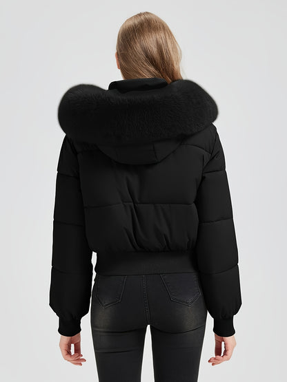 Women'S Winter Jacket - Elegant Short Coat with Detachable Hood, Zippered Pockets, Warm Outerwear for Cold Weather, Office, Parties, Everyday - Chic Winter Clothing for Women, Party Wear, Sleek Design, Cozy Lining, Fashioncon