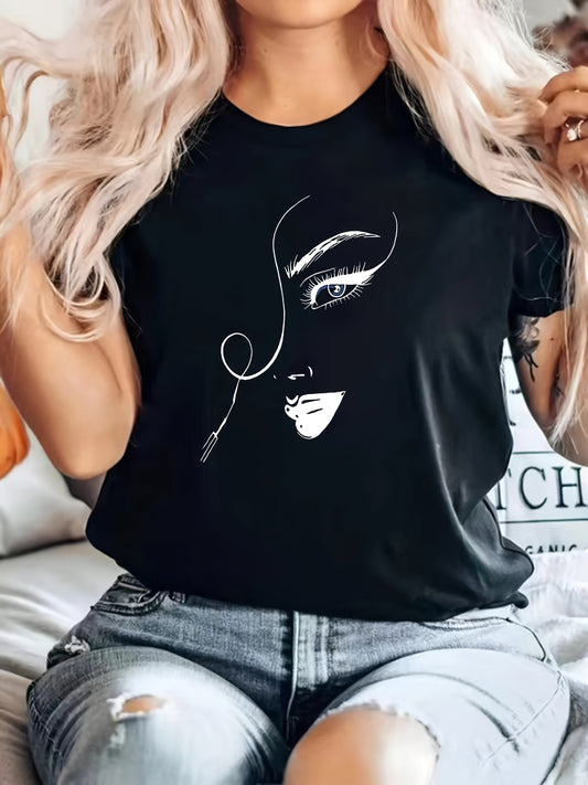Women's short-sleeved round-neck turtleneck fashion T-shirt Women's clothing black comfortable outdoor top summer spring home Women's casual vacation sportswear print