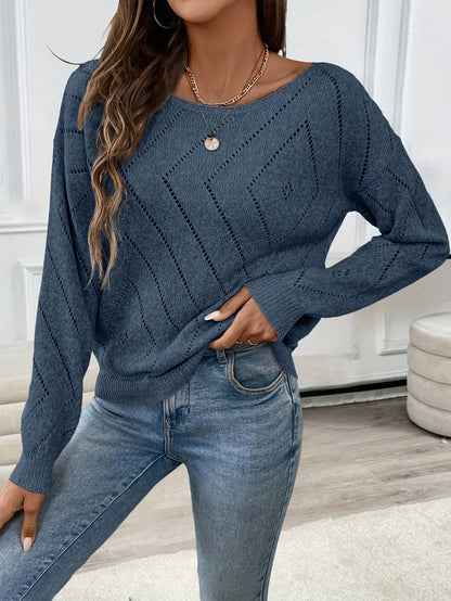 Women'S Acrylic Knit Pullover Sweater, Drop Shoulder Long Sleeve, Solid Color, Medium Stretch, Regular Fit, with Boat Neck Collar for Spring/Fall