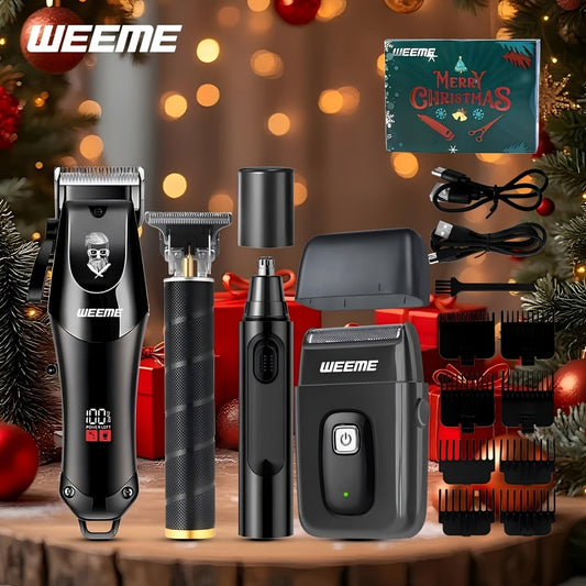 WEEME 4pcs Professional Hair Clipper Set for Men, Cordless Barber Clippers and Trimmer Kit, Electric Beard Trimmer and Nose Trimmer, Foil Shaver Grooming Tools, Luxury Christmas Gift Set for Him (Black)