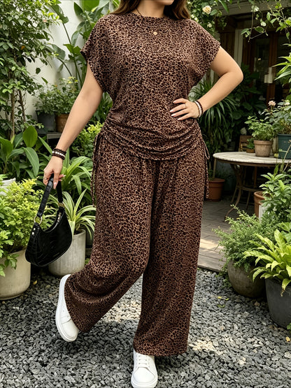 Leopard Print Casual Long Pants Set with Side Drawstring