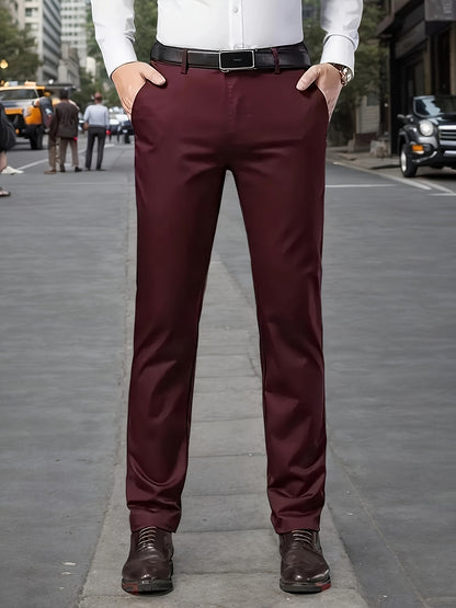 Men's Sleek Stretch Dress Pants - Solid Color Black, Comfort Fit with Subtle Stretch, Polyester Fabric, Mid-Rise, Machine Washable, Perfect for Business Casual & All-Season Wear, Business Casual Pants | Sleek Trousers | Easyc