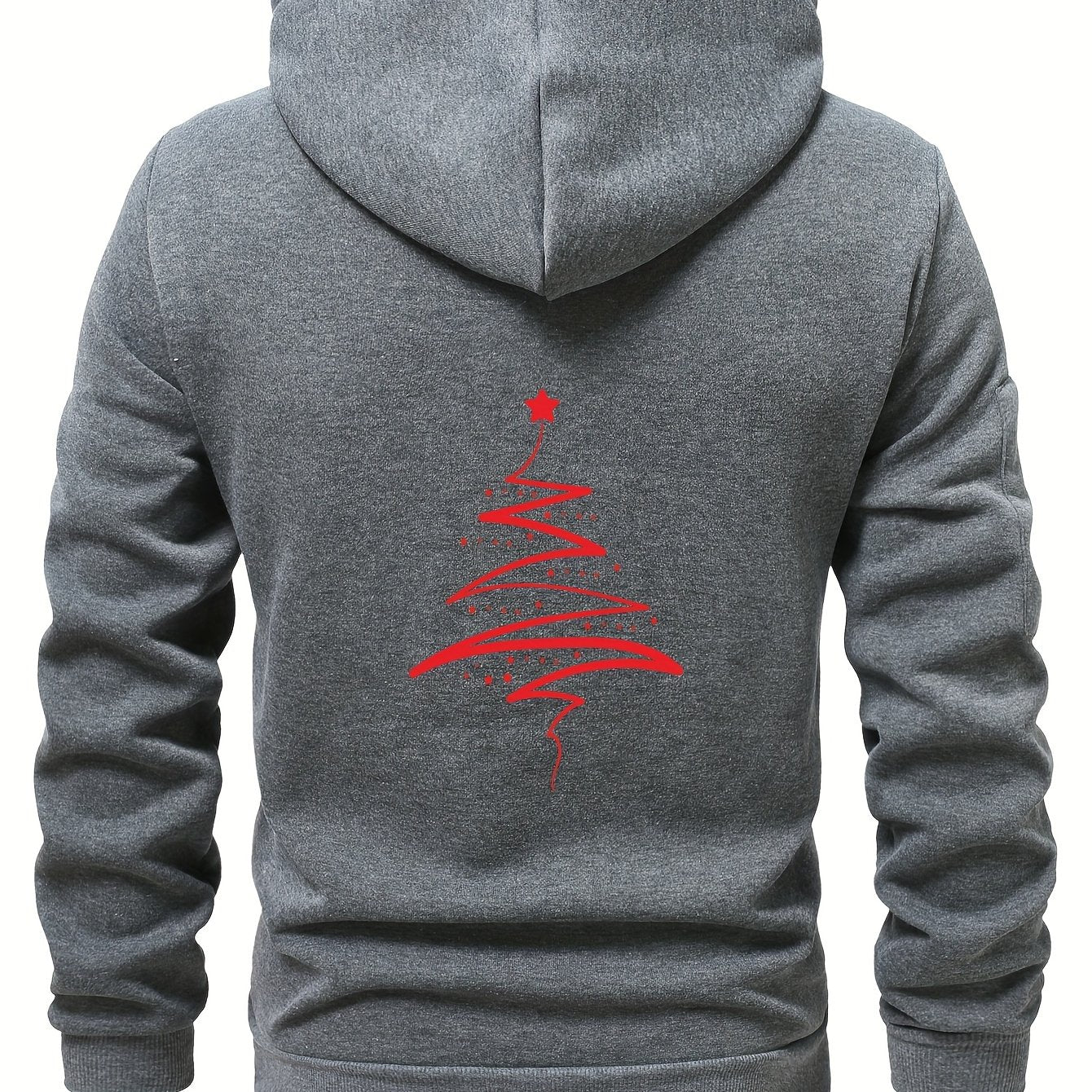 Men'S Minimalist Red & Christmas Tree Print Hooded Sweatshirt - Long Sleeve Casual Pullover with Piping, Regular Fit Winter Warmth for Holiday Parties, Outdoor Activities & Casual Attire, Christmas Sweatshirt, Seasonal Fashio