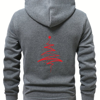 Men'S Minimalist Red & Christmas Tree Print Hooded Sweatshirt - Long Sleeve Casual Pullover with Piping, Regular Fit Winter Warmth for Holiday Parties, Outdoor Activities & Casual Attire, Christmas Sweatshirt, Seasonal Fashio