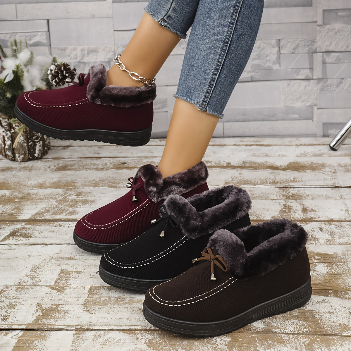 Կանացի հաստ, բրդյա երեսպատված, չսահող, տաք ձմեռային կոշիկներ | Կոշիկներ տանը/դրսում հագնելու համար, հարմարավետ, հարթ ներբանով, կարճ, ձմեռային կոշիկներ կանանց համար, էլեգանտ, դասական, կոշիկներ կրունկով, լայն ոտքի համար կոշիկներ