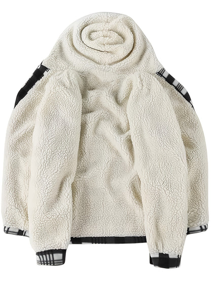 DPYEW Men's Full-Zip Hooded Jacket with Fleece Lining & Plaid Black/White/Gray Winter Coat - Windproof Outerwear, Full-Zip Closure, Hand Washable, Casual Jacket for Skiing, (Warm), Winter Jacket For Men, Mens Jacket, Men Wint