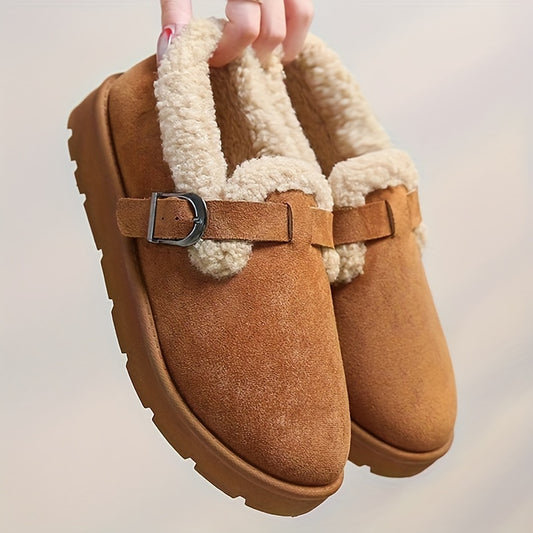 Women'S Warm Fleece-Lined Ankle Slippers, Solid Color, Round Toe, Fabric Upper/Inner, Rubber Sole, Cozy Winter Footwear