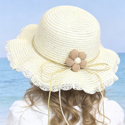 Kids' Paper Straw Hat with Lace Trim & Flower, Adjustable Strap