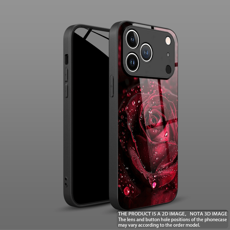 Tempered Glass Phone Case with Crimson Water Droplet Rose Design for i