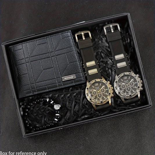 4 հատ տղամարդու մինիմալիստական ​​դրամապանակ, ժամացույց և ապարանջանի նվերների տուփ - էլեգանտ ձեռքի ժամացույց և համապատասխանեցում, հարմար է Սուրբ Ծննդյան, ծննդյան օրվա, նրա նվերի համար - ոճ, նվեր տղամարդկանց համար