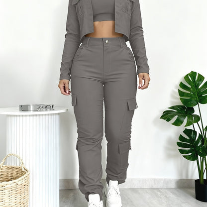 Versatile Multi-pocket Casual Workwear-style Fitted V-neck Cropped Shirt and American-style Wide-leg Pants Set, Women's 2pcs Suit